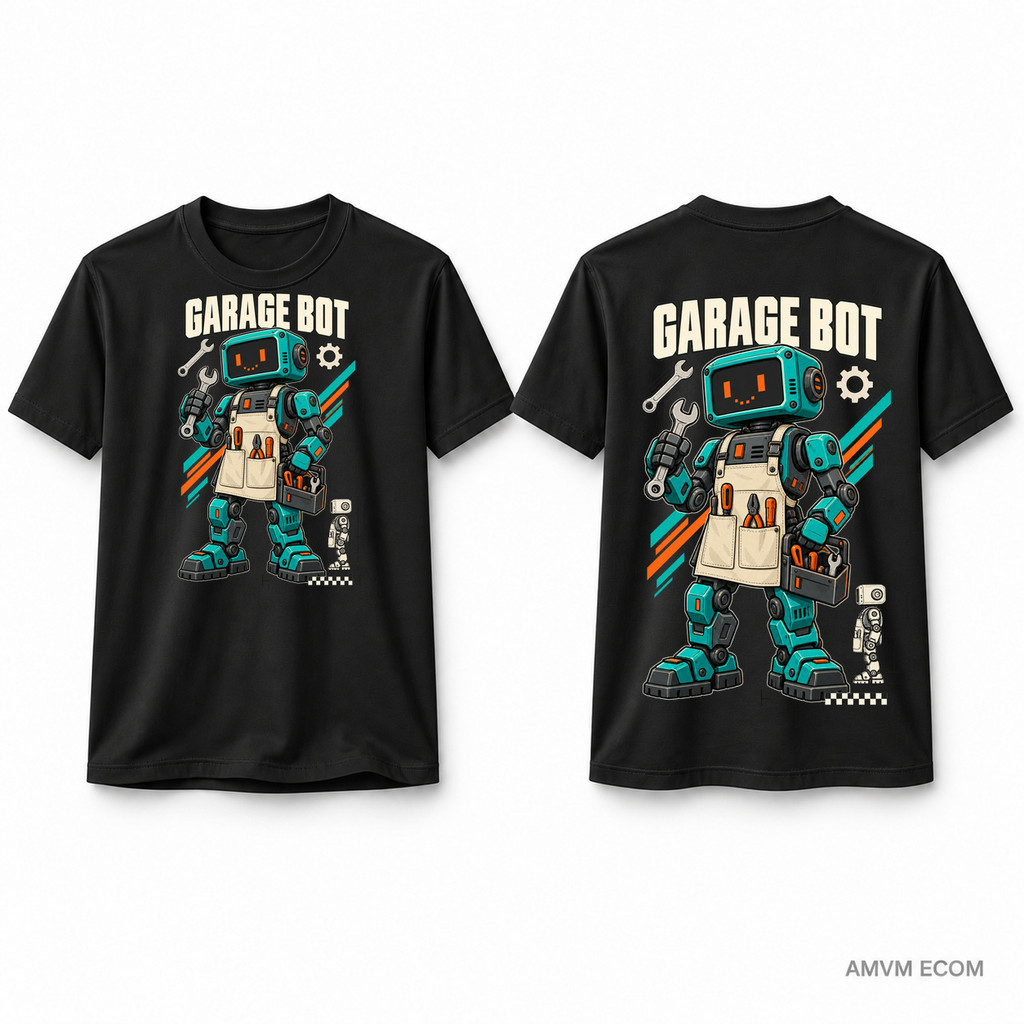 Camiseta Robô Garage Bot Frente e Costas Unissex 100% Algodão