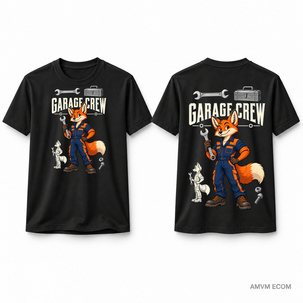 Camiseta Raposa Garage Crew Frente e Costas Unissex 100% Algodão