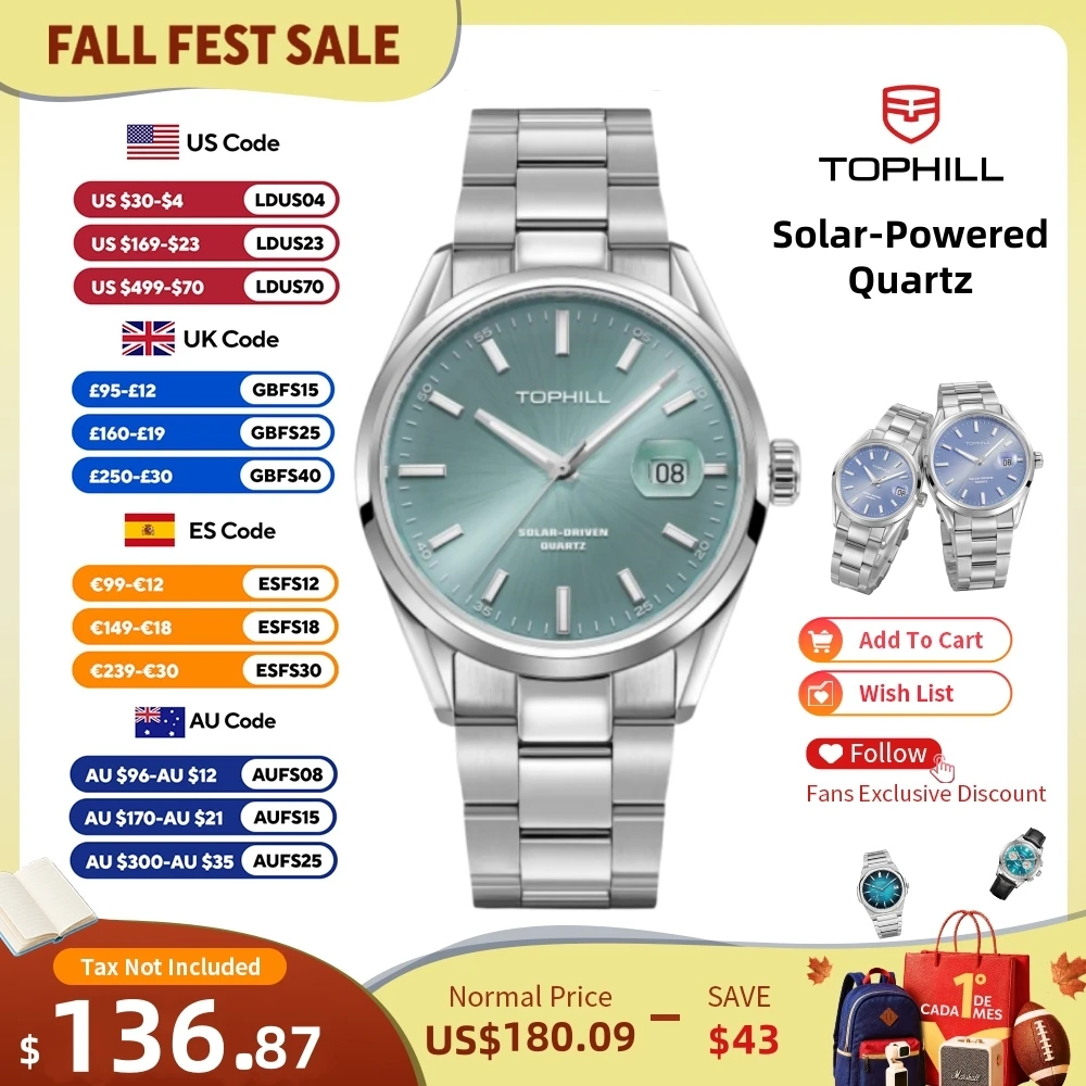 TOPHILL Luxury Watch For Men VR42A Solar-Powered Quartz Wristwatch Sapphire C3 Luminous Sapphire Glass 5Bar Waterproof TA061G/L