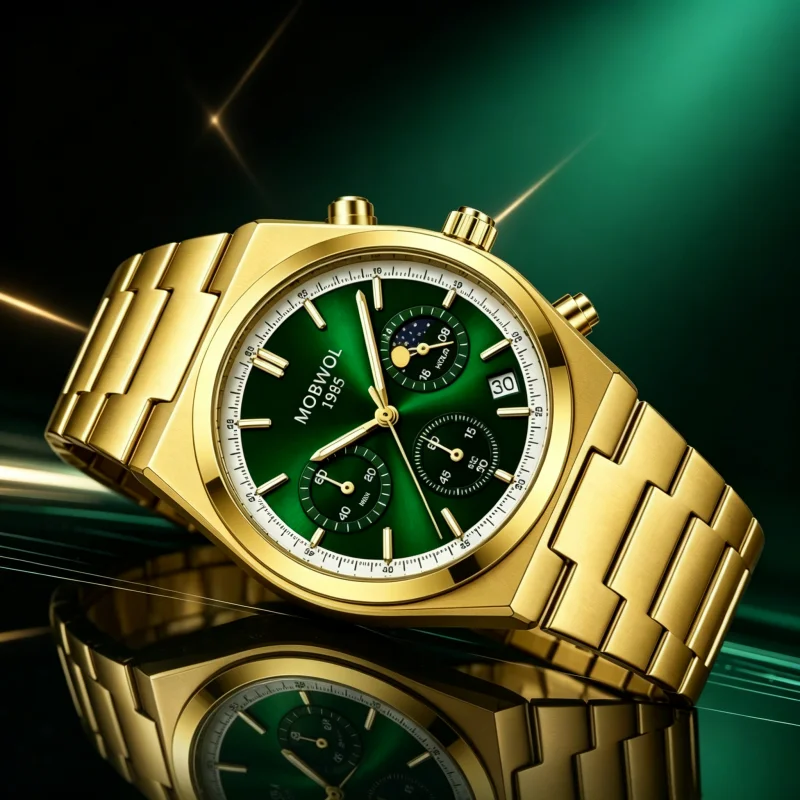 MOBWOL Chronograph Men's Quartz Watch Men 3ATM Waterproof Luminous Date Formal Elegant Gold and Green Dial Watch Reloj Hombre