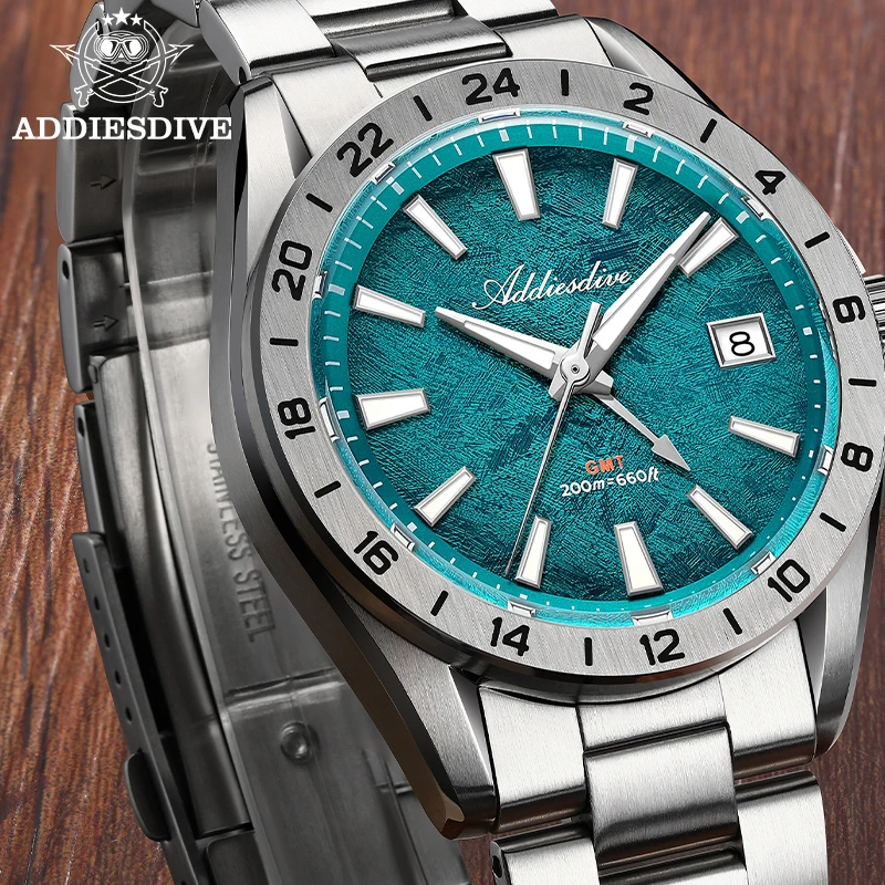 ADDIESDIVE New Quartz Watches For Man 2026 Luxury Dual Time Zones Dress GMT Watch Sapphire 200m Waterproof BGW9 Luminous Watches