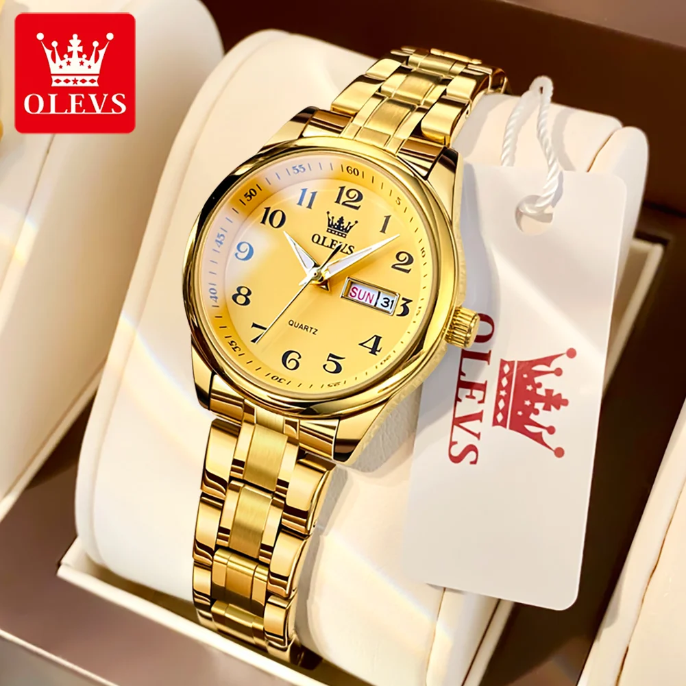 OLEVS Brand Luxury Gold Quartz Watch for Womens Stainless Steel Waterproof Week Date Elegant Women Dress Watch Reloj Hombre