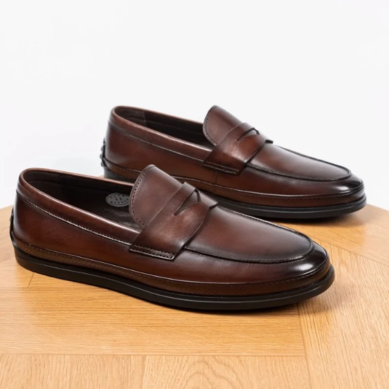 Summer Sofe Leather Moccasin Loafers Man Round-toe Flats Dress Shoes Slip-on Cowhide Business Casual Leather Shoes For Men