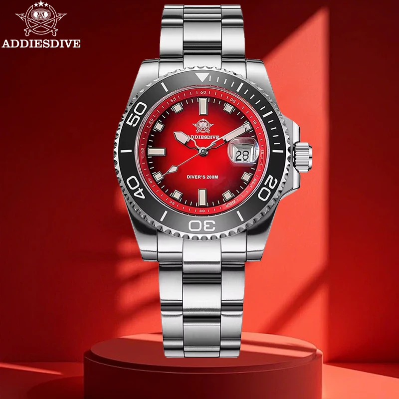 ADDIESDIVE Stainless Steel AD2089 Quartz Watch Red Dial Super Luminous Waterproof Diver Watches For Men Fashion NEW Reloj Hombre