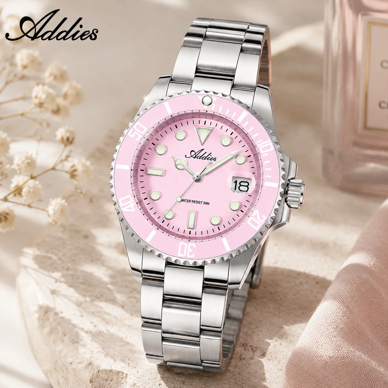 ADDIES Elegant Lady Quartz Watch Ceramic Bezel 5Bar Waterproof Super Luminous Watches Date Display Stainless Steel Wristwatches