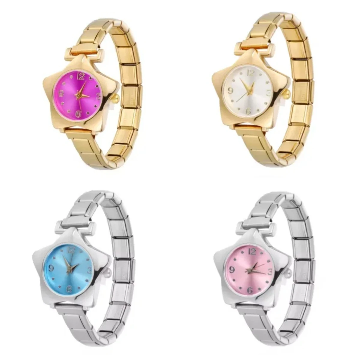 Sweet Star Shape Ladies Wristwatch Silver Gold Color Italian Charm Steel Module Strap Dial Analog Quartz Daily Dress Women Watch
