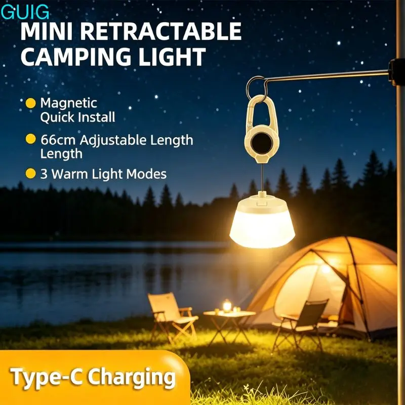 Portable Telescopic Camping Light with Carabiner Hook Warm LED Tent Lamp Rechargeable Mini Hanging Outdoor Light for Backpack Fi