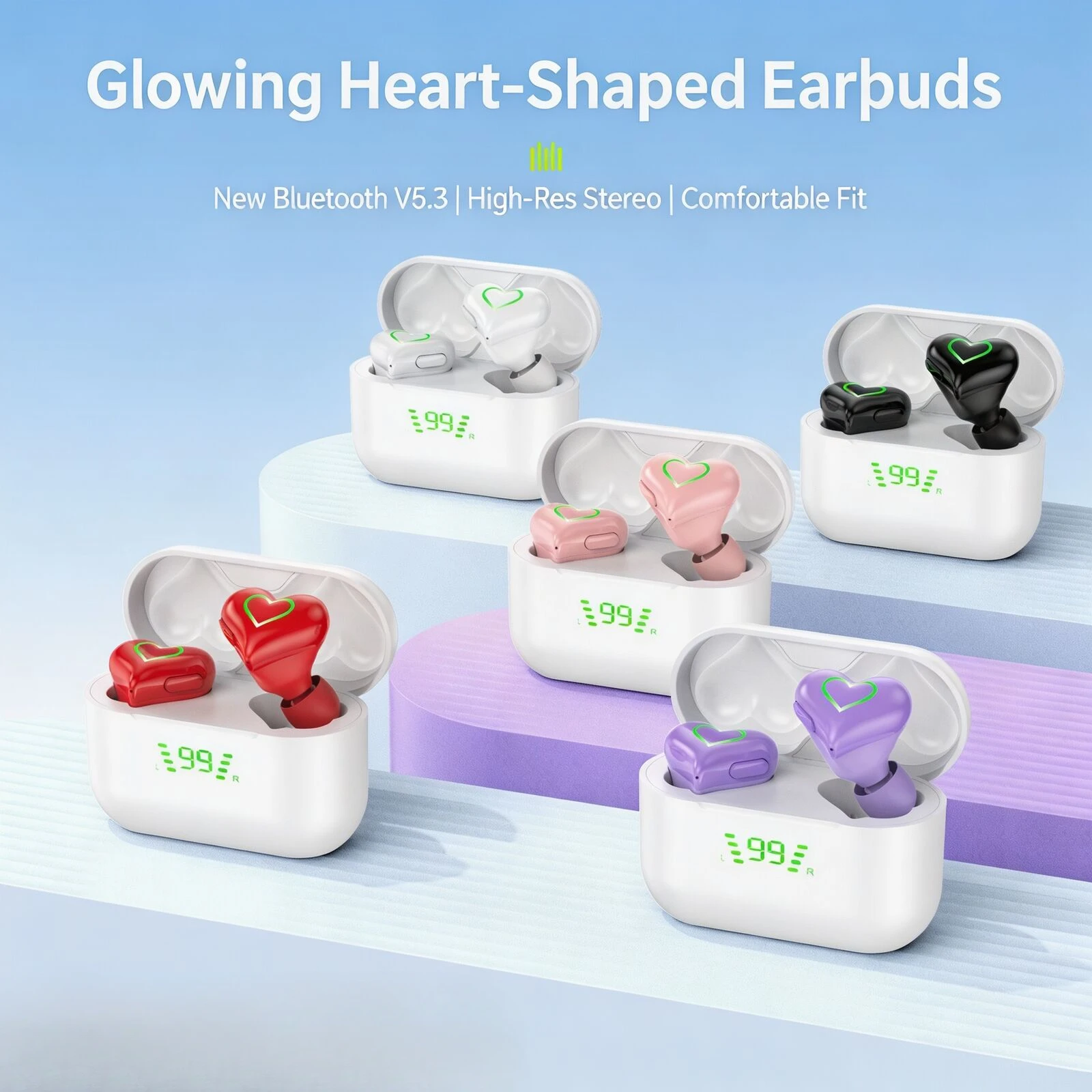 Heart Shaped TWS In-Ear Wireless Headphones Bluetooth 5.3 LED Digital Display RGB Glowing Light 24H Playback Noise Reduction