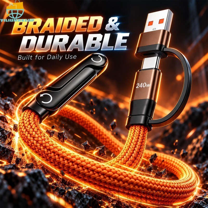 [Quick] Cabo De Carregamento De Suporte Dobrável 2 Em 1 De 240 W-Linha De Dados Resistente Ao Desgaste-USB Tipo C-Carreg