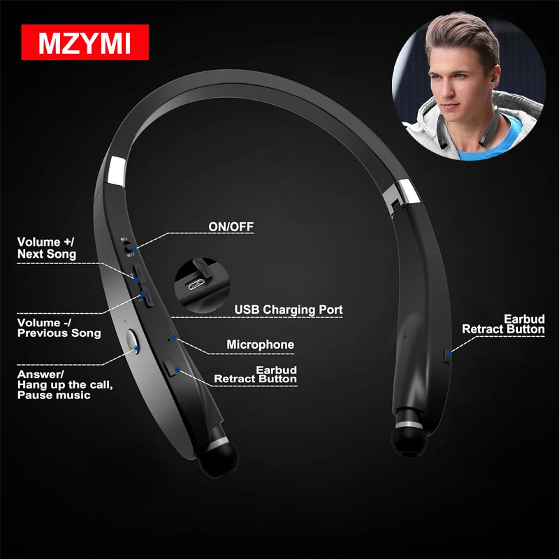 MZYMI Foldable Bluetooth Headset Lightweight Retractable Bluetooth Headphones Noise Cancelling Stereo Neckband Wireless Headset