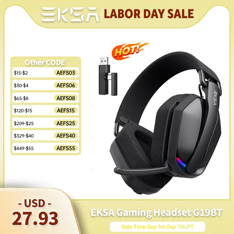 EKSA G19BT 2.4GHz Wireless Gaming Headphones Bluetooth 5.4 3.5mm Headset 30ms Latency 40mm 35H Playtime for PC PS5 Xbox Foldable