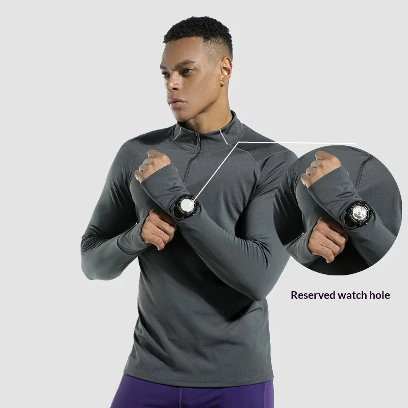 Men's Finger Hole Design Fall Winter Compression Shirt Half Zip High Neck Quick Dry High Stretch Running Gym Training Sport Top