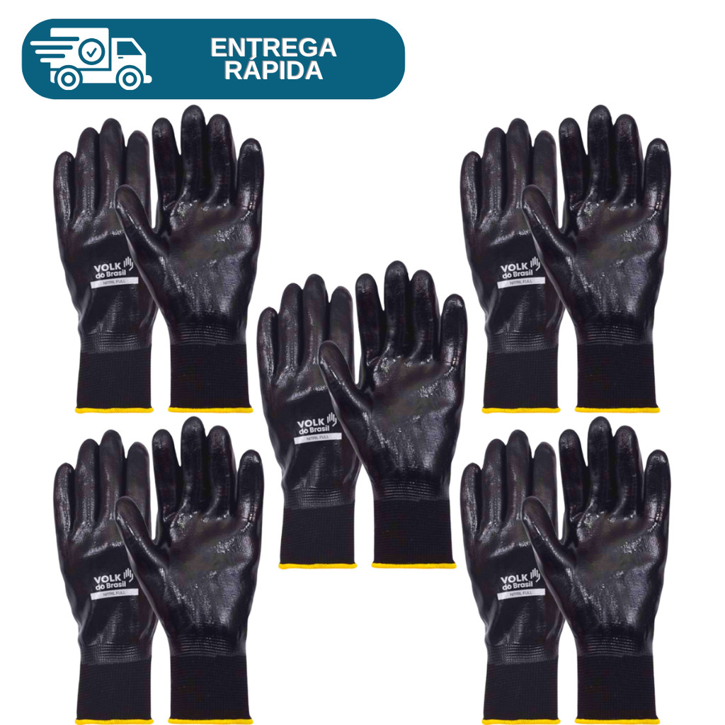 Kit 5 Prs Luva Nitril Full Banho Nitrílico Preto Impermeável Óleo Multitato Volk Proteção Nitrilica