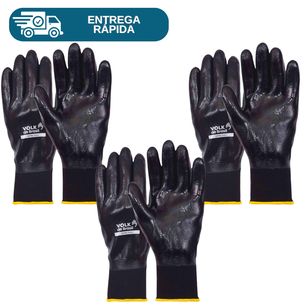 Kit 3 Prs Luva Nitril Full Banho Nitrílico Preto Impermeável Óleo Multitato Volk Proteção Nitrilica