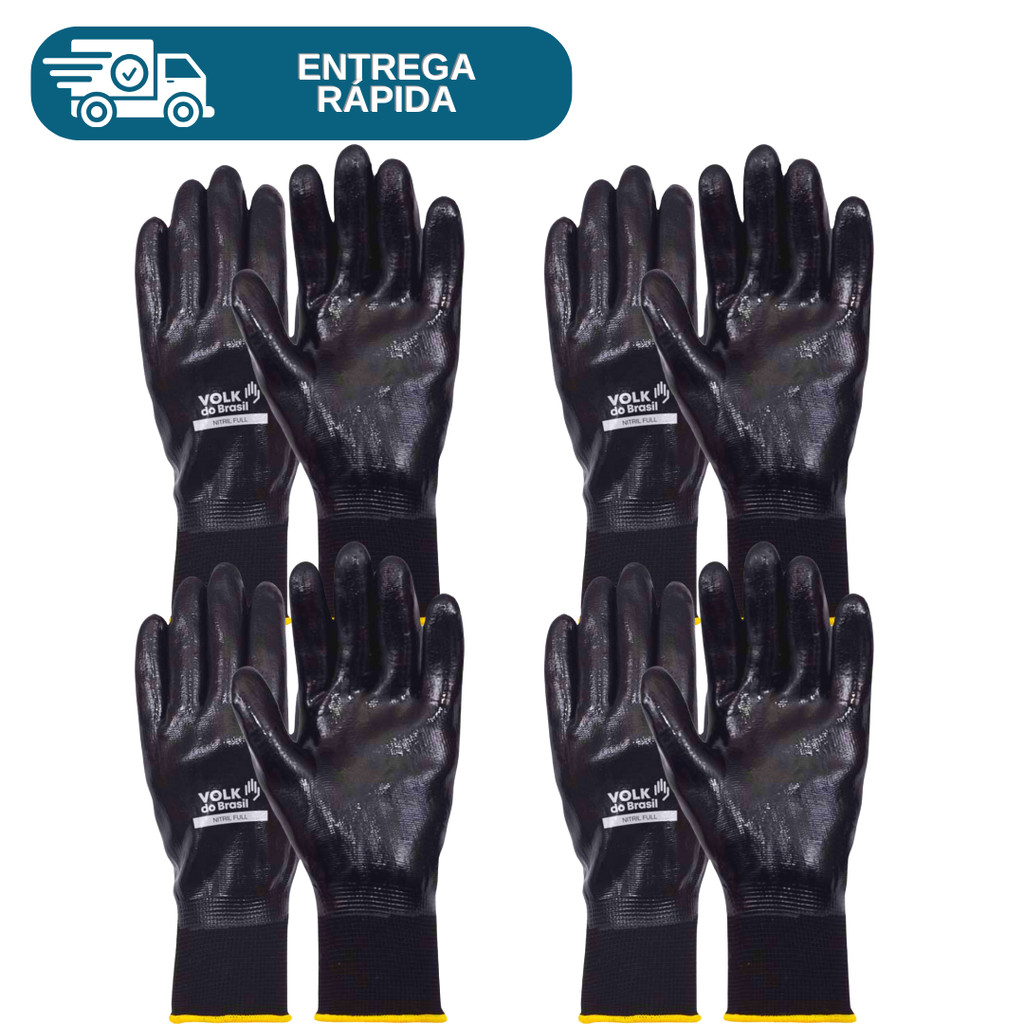 Kit 4 Prs Luva Nitril Full Banho Nitrílico Preto Impermeável Óleo Multitato Volk Proteção Nitrilica