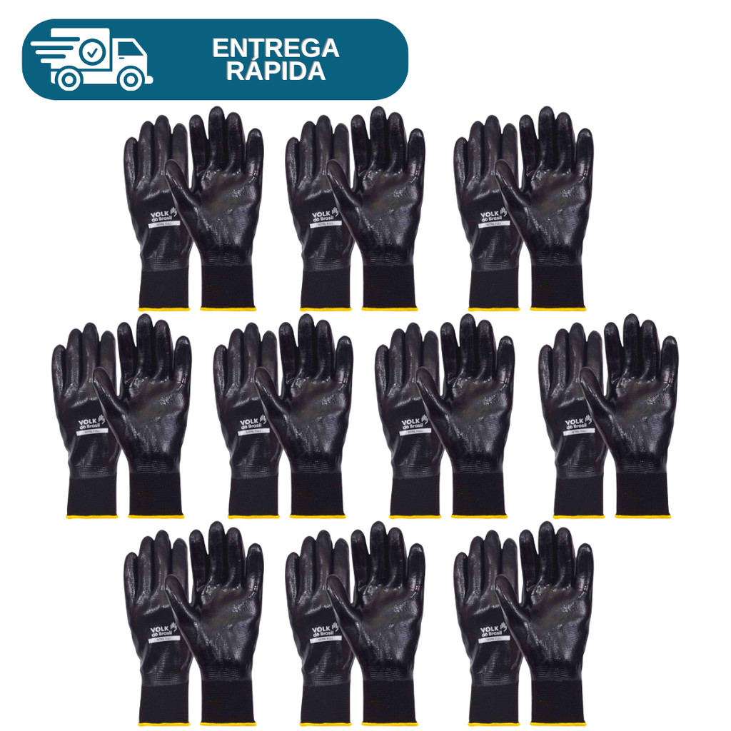 Kit 10 Prs Luva Nitril Full Banho Nitrílico Preto Impermeável Óleo Multitato Volk Proteção Nitrilica