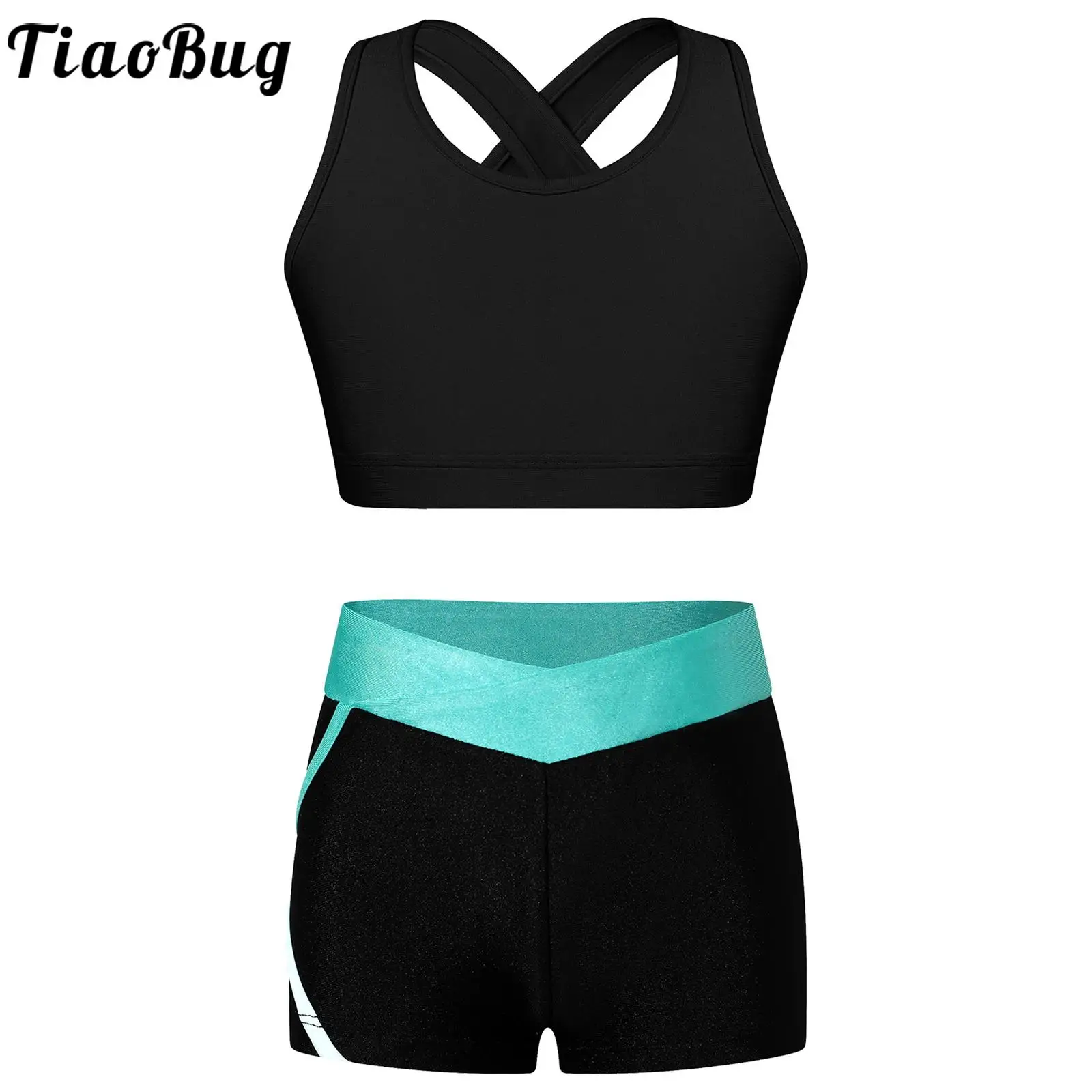 Kids Girls Dance Practice Sports Outfits Hollow Back Sleeveless Crop Top with Booty Shorts Set Tracksuit Gym Workout Swimwear