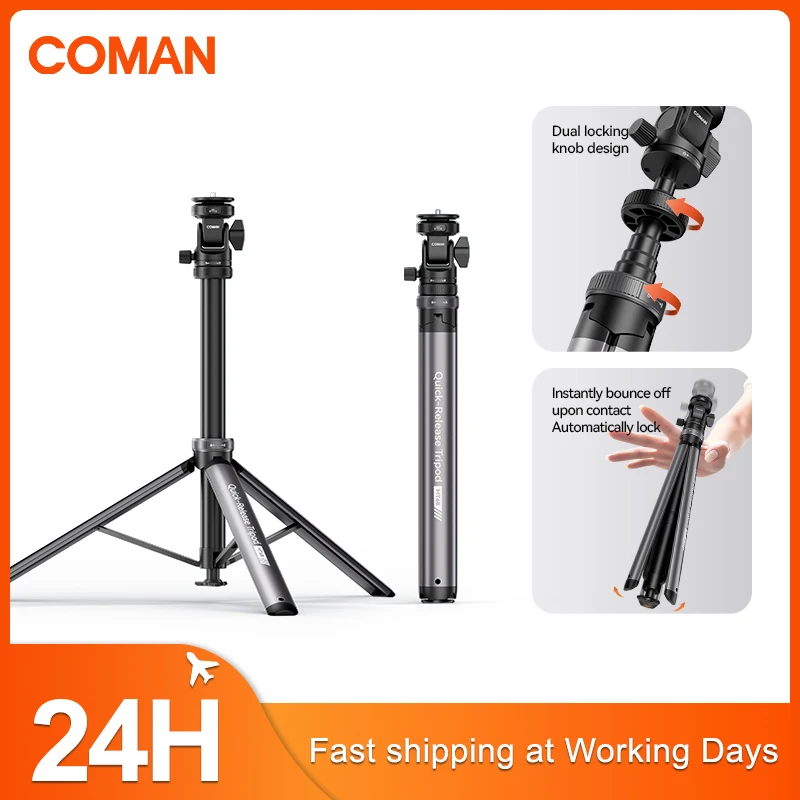 COMAN MT68 One Click Pop up Quick Release Light Stand For Photography Light DSLR Camera Tripod 7 Sections Extend 2.12M Aluminum