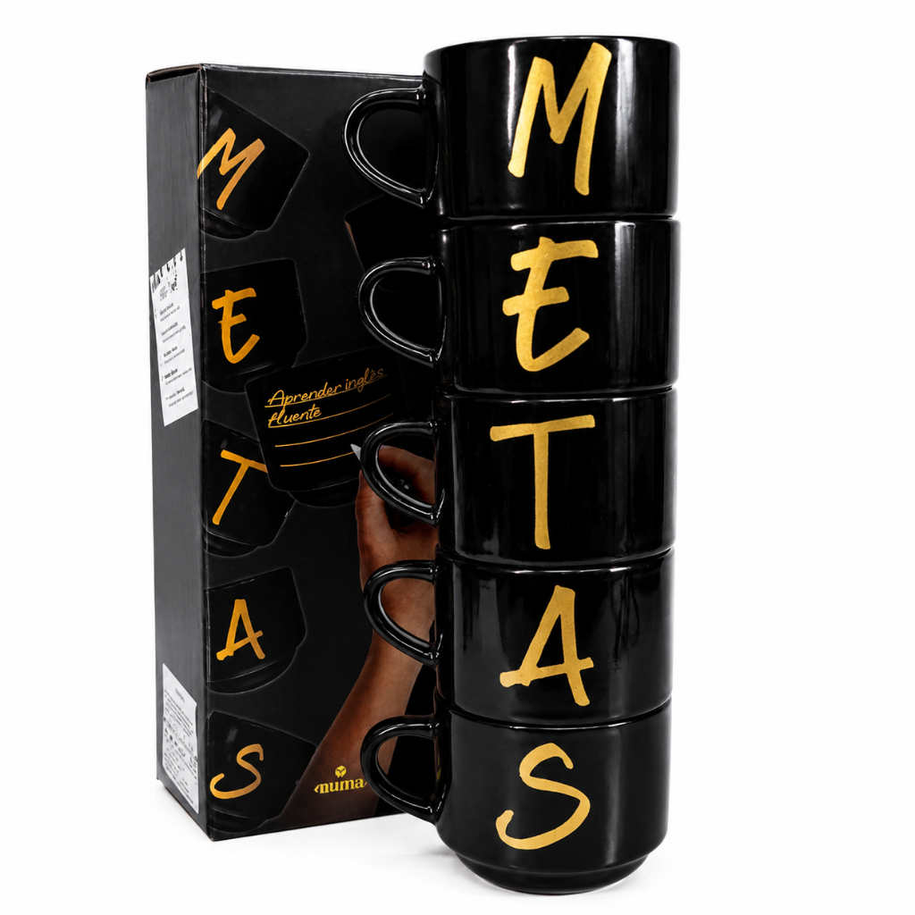 Kit de 5 xícaras empilháveis ​​de Porcelana para café e chá. Ideal para presente Metas Motivacional