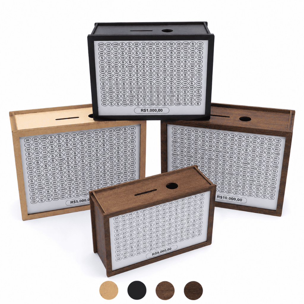 Cofre Desafio de Economia em MDF com 3 Metas R$ 1.000, 5.000 e 10.000 Porta Moedas Presente Criativo
