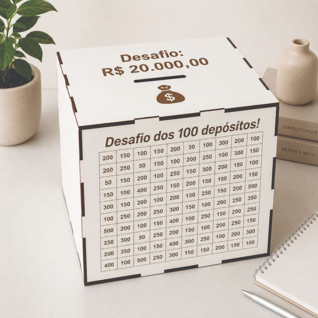 Cofre MDF Desafio 1Mil / 5Mil / 10Mil / 20Mil - Caixa De Madeira - Escolha Sua Meta