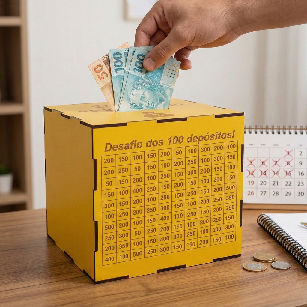 Cofre MDF Desafio Dourado 1Mil / 5Mil / 10Mil / 20Mil - Caixa De Madeira - Escolha Sua Meta