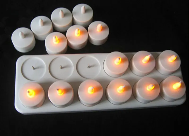 Set of 12 Rechargeable LED Candle Flameless Static Tea Light Electric Lamp Waxless Valentine Home Wedding Xmas Table Decor-AMBER