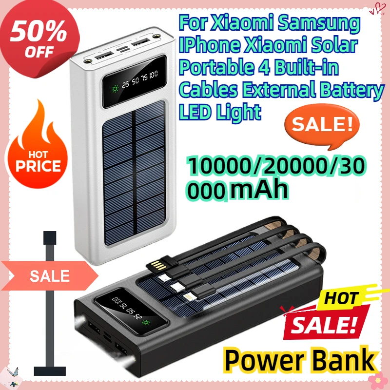 For Xiaomi Samsung IPhone Xiaomi 20000mAh Solar Power Bank Portable 4 Built-in Cables External Battery LED Light
