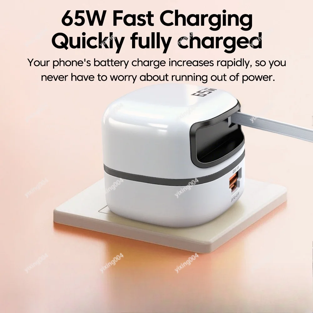 Portable 65W Charger Retractable Cable Foldable Plug Mini Size Travel Power Adapter