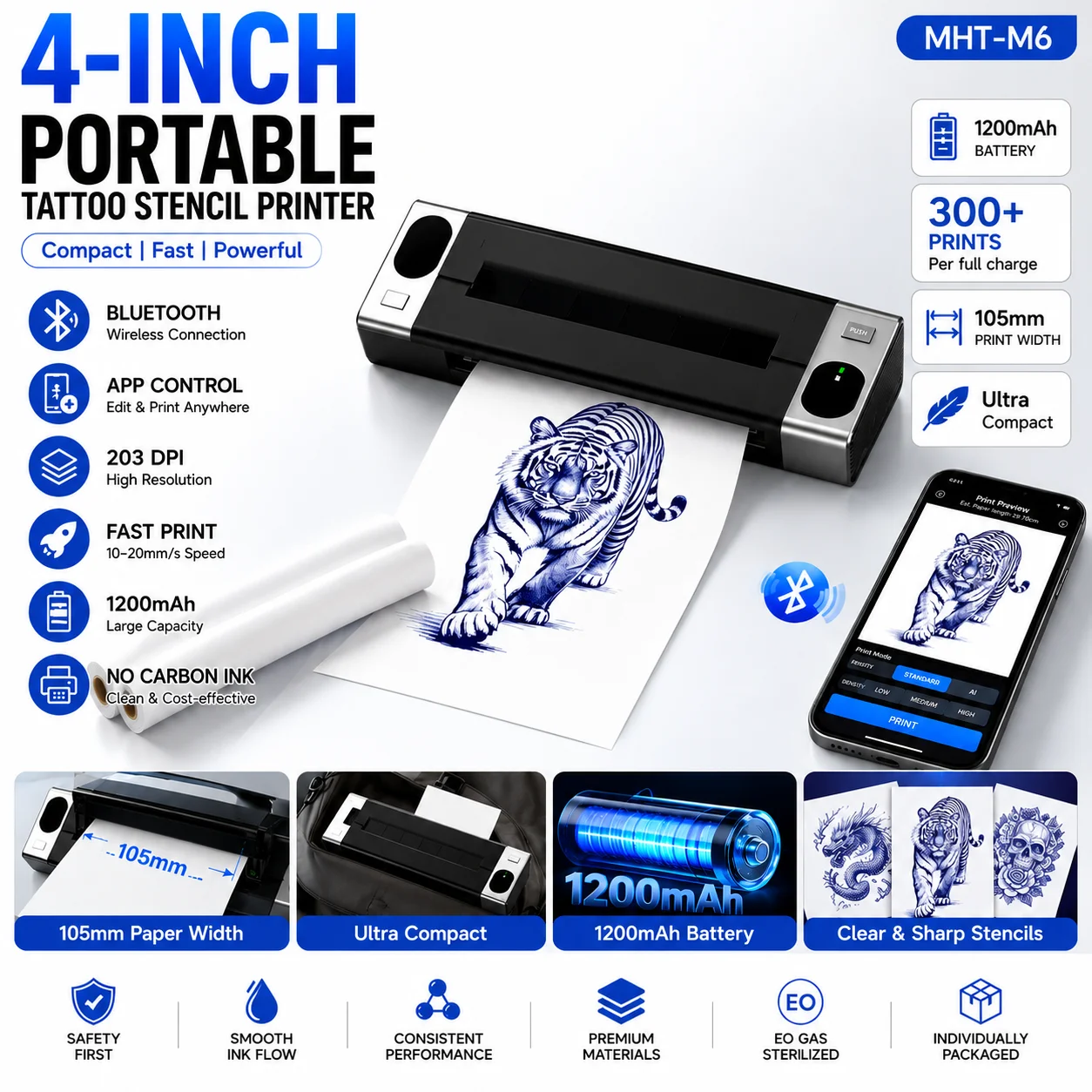 Audersigt Wireless Tattoo Stencil Printer Bluetooth Thermal Transfer Machine Compatible with Smartphone and PC