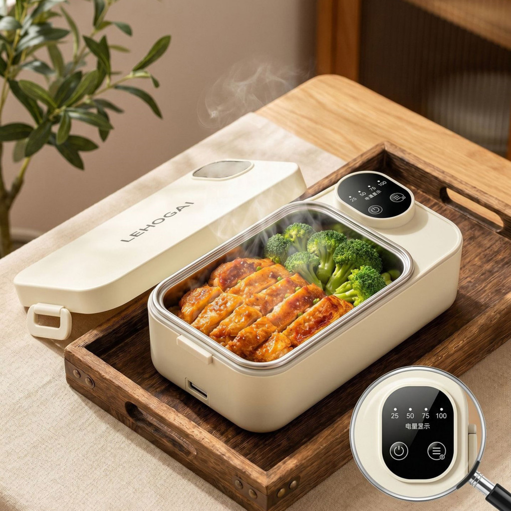 Portable Electric Lunch Box Cordless Thermal Bento 900ml Usb Rechargeable 304 Stainless Steel Leakproof with 6-level Tem