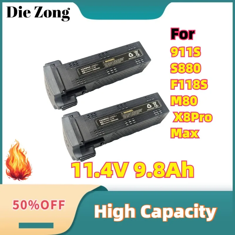 For 911S S880 F118S M80 AE60 X8Pro Max Replacement Smart Lithium Battery Parts 50mins Flight Time 11.4V 9.8Ah RC Drone Battery