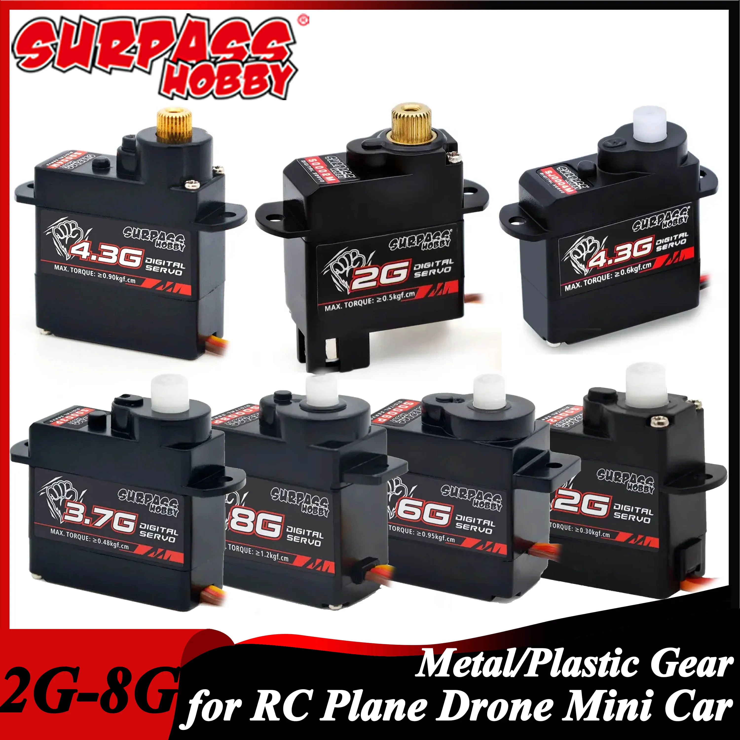 Surpass Hobby 2g 3.7g 4.3g 6g 8g Plastic/Metal Gear Mini Digital Servo for RC Plane Fixed-wing Helicopter Drone Car Boat Robot
