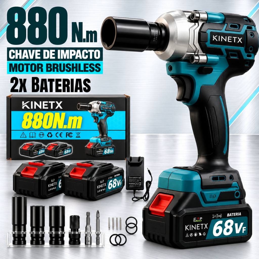 KINETX  Brushless Electric Impact Wrench 880Nm Cordless Driver with 2 Batteries, Sockets e Acessórios