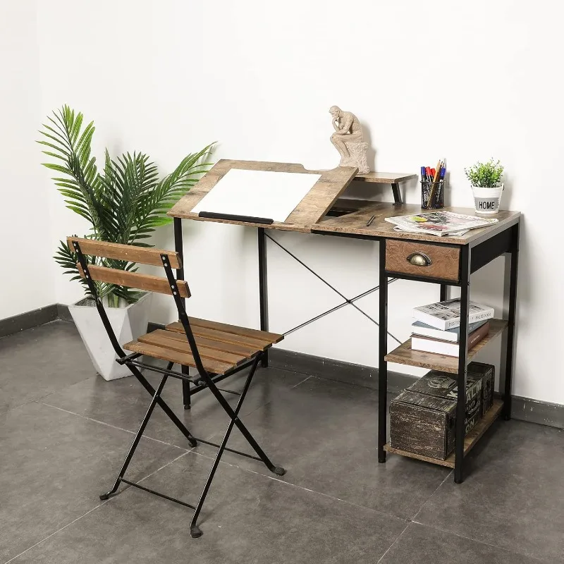 Desk Drawing Table with Storage Rack and Drawer Adjustable Art Table High-End Monitor Stand