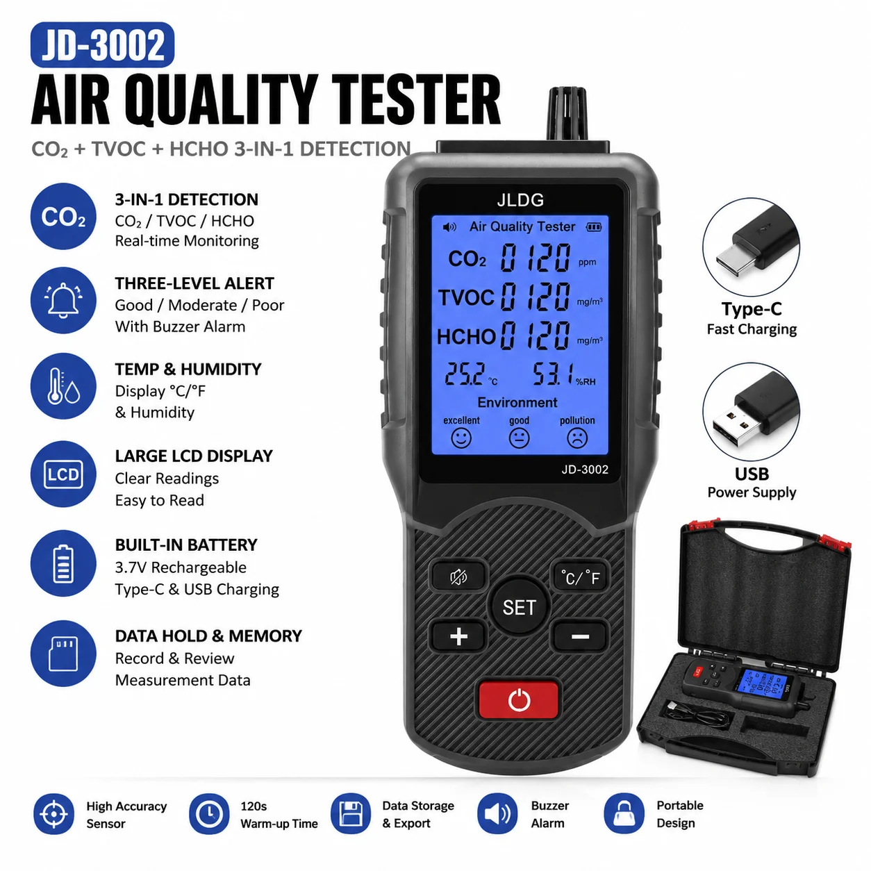Air Quality Monitor CO2 TVOC HCHO Formaldehyde Detector 350 2000ppm Adjustable Alarm Temp Humidity for Home Office