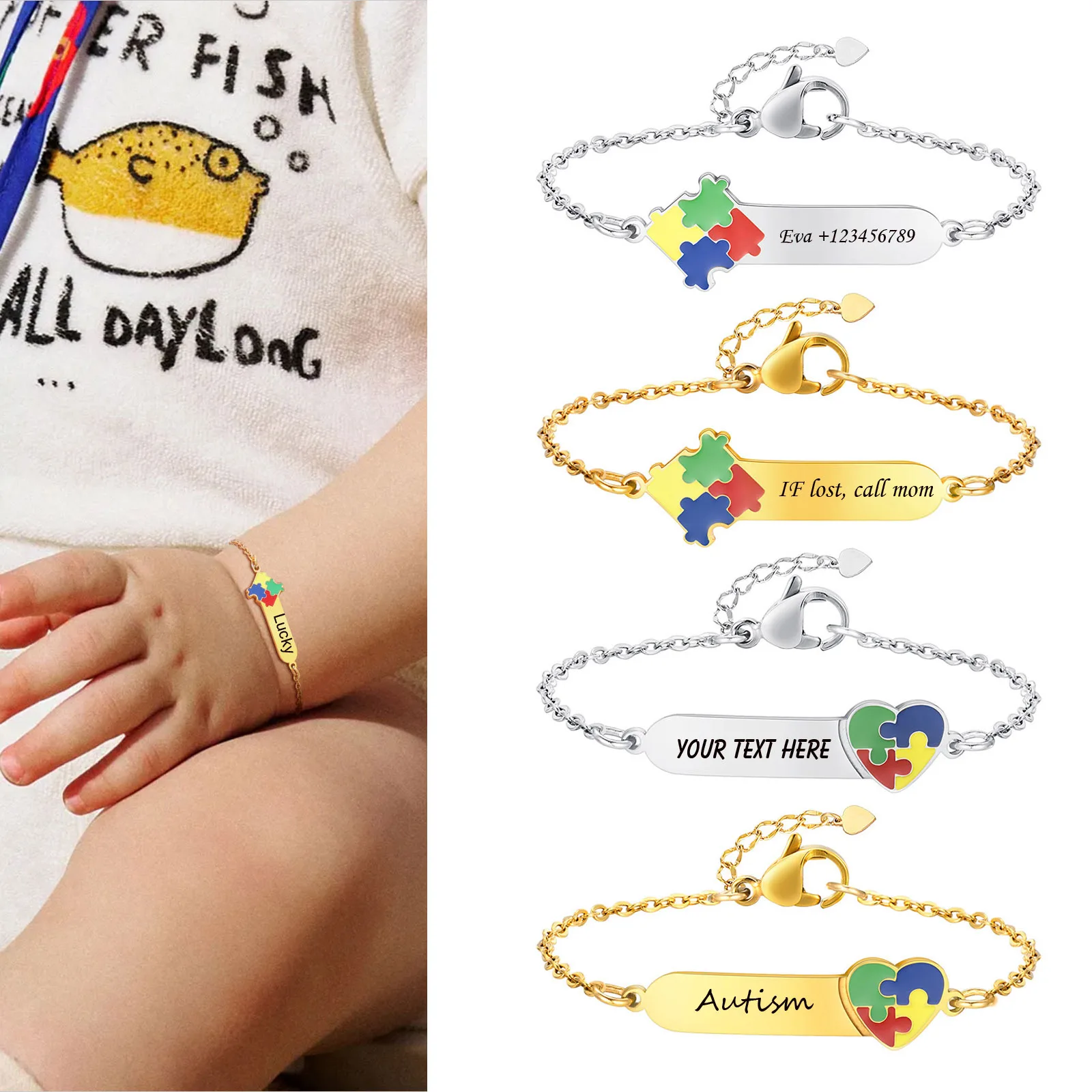 Personalized Autism Awareness Medical Alert Baby Kids Bracelets, Adjustable Link Stainless Steel, Enrgaved Emergency Jewelry