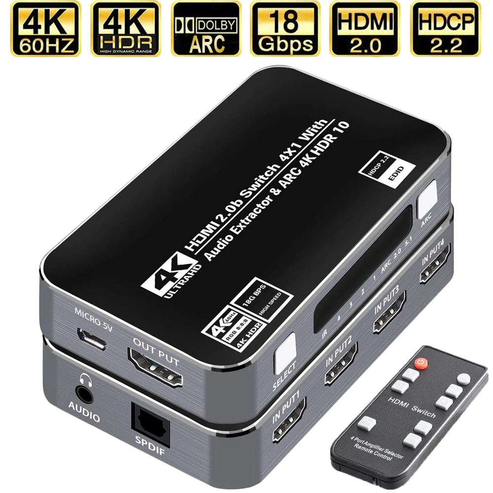 60Hz 4K HDMI Switch HDR HDMI ARC Audio Extractor HDMI 2.0 Splitter Switcher HDMI Switch Audio Extractor for PS4 Pro Apple TV