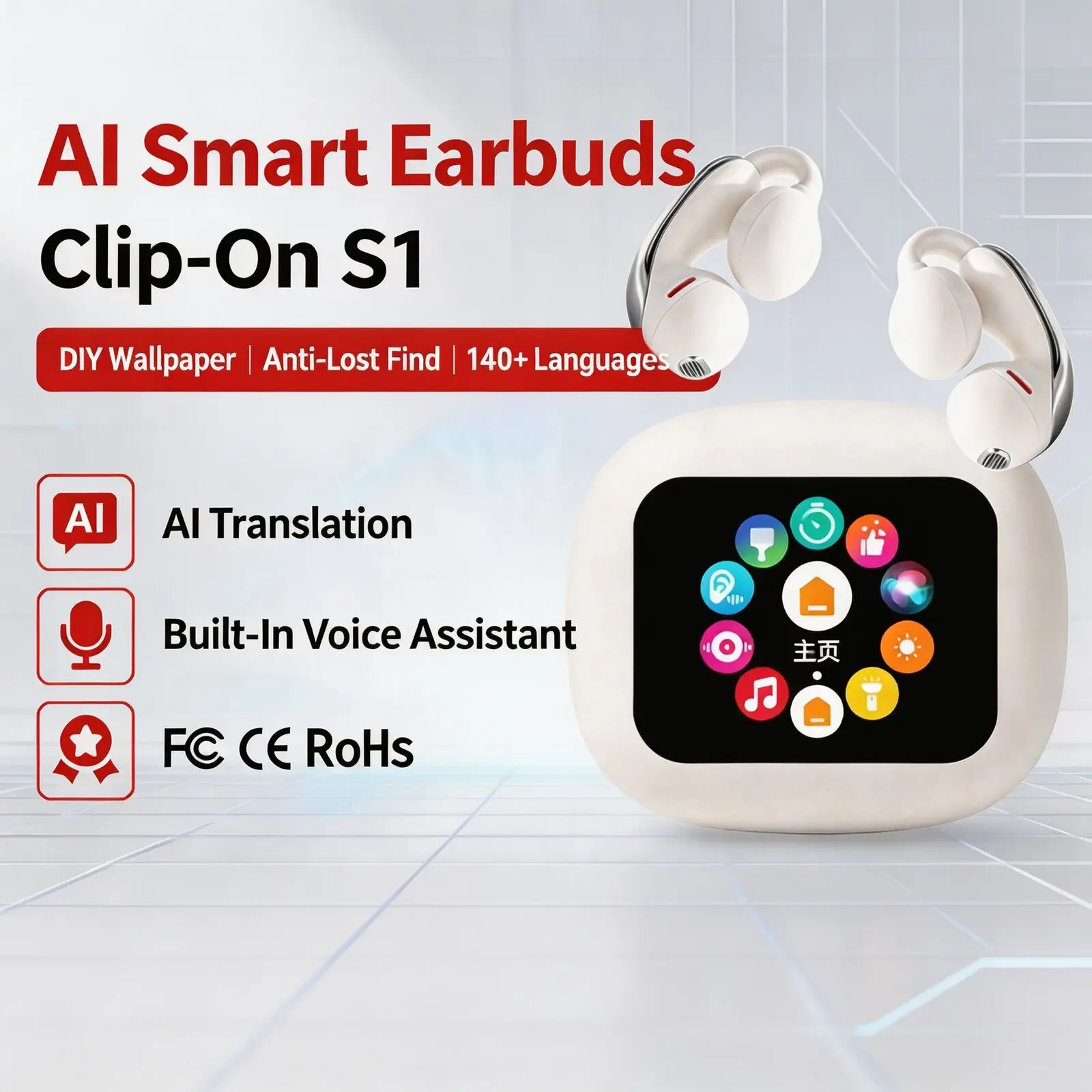 Clip‑On OWS‑S1 AI Translator Earbuds Bluetooth 5.4 Touch‑Screen Open‑Ear Wireless HiFi Headset Waterproof Headphones For Travel