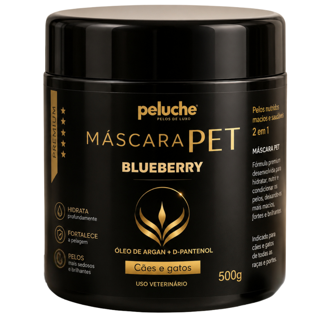 Máscara Hidratação Pet Peluche Blueberry 500g D-Pantenol Óleo de Argan Cães e Gatos Premium