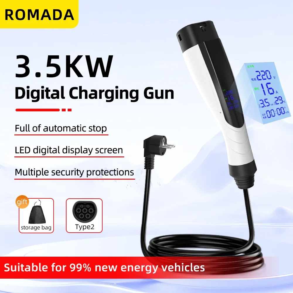 ROMADA NEW 3.5KW 16A Portable EV Charger IP66 Wallbox With Display Screen 3M-10M Cable IEC62196 TYPE2 EU Plug Fast Charging