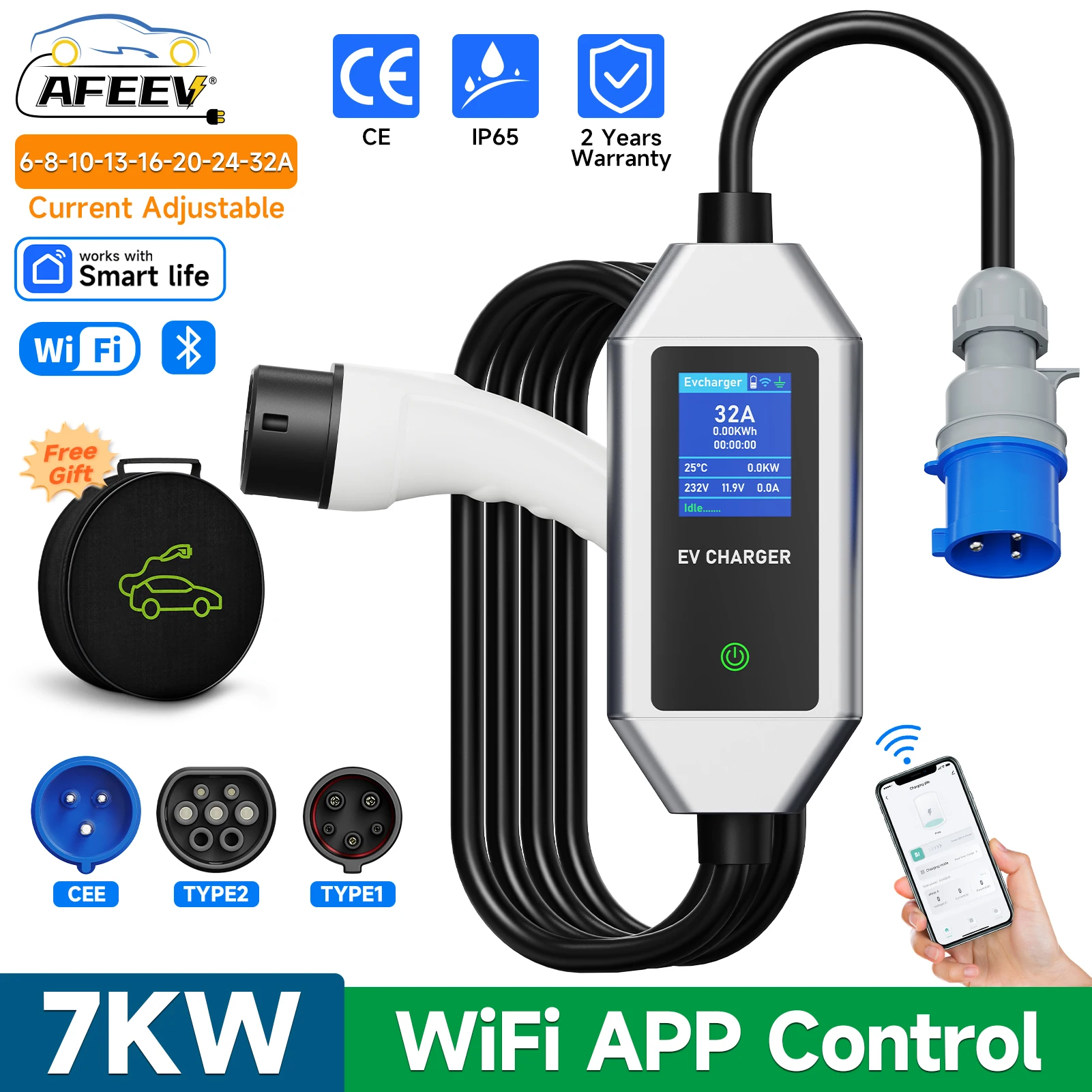 AFEEV 7KW 32A 1Phase Portable EV Charger with WiFi APP Control Type2/Type1 Electric Car Charger Wallbox EVSE Fast Charging Cable