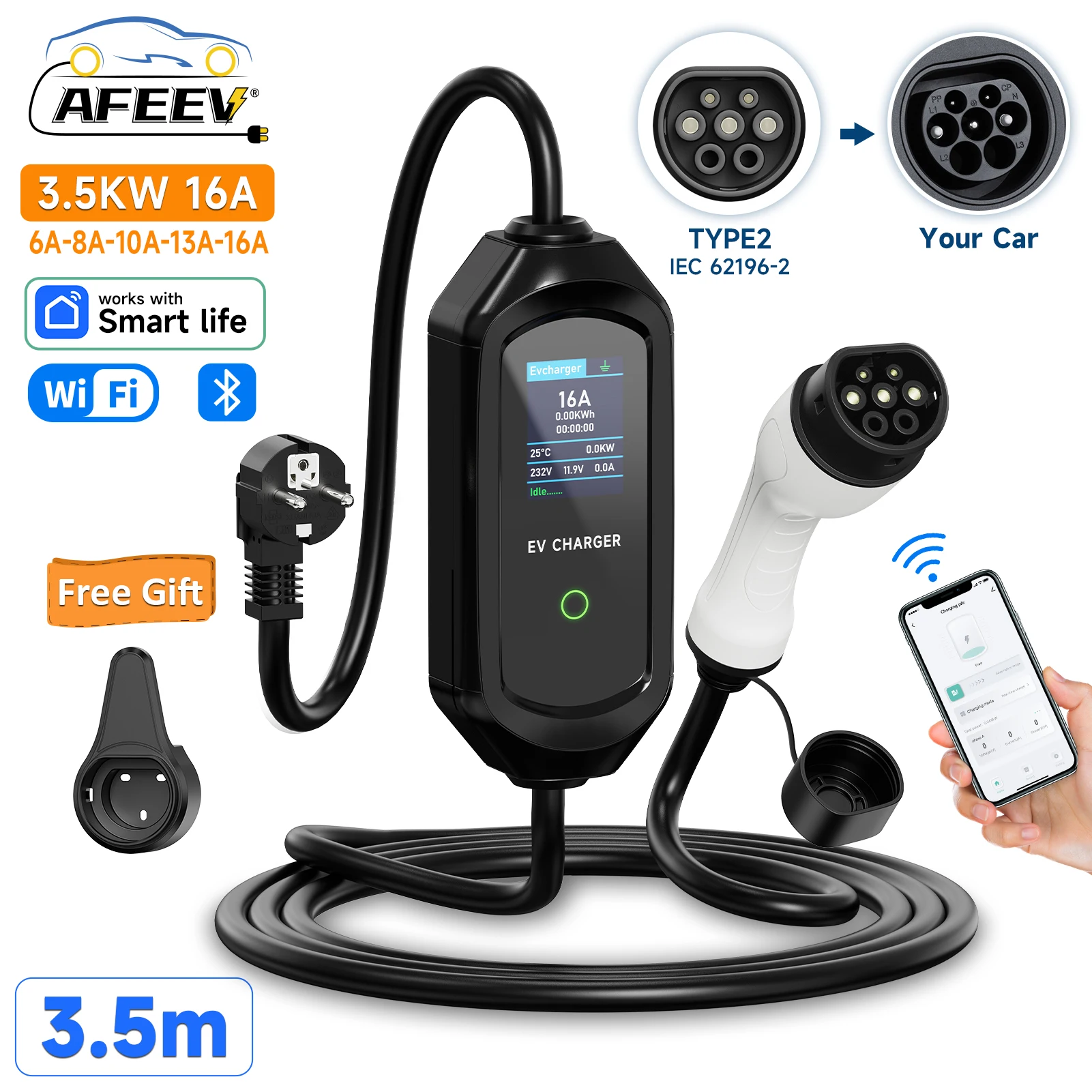 AFEEV 3.5KW 16A Portable EV Charger Type 1/GBT/Type 2 Electric Car Battery Charger EVSE Fast Charging Station Wallbox