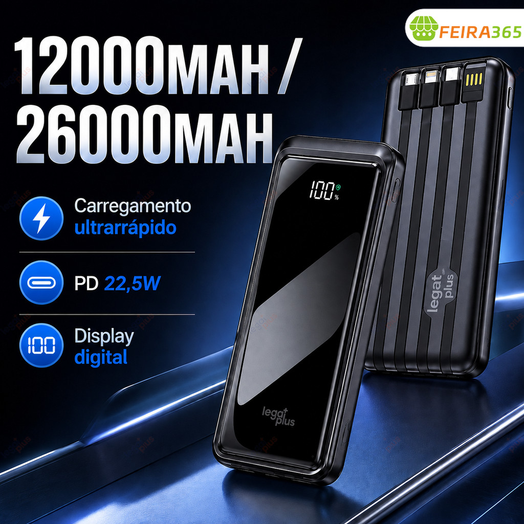 Novo Power Bank 12000mAh ou 26000mAh Grande Capacidade com Display LED, 4 Cabos Integrados, Acabamento Brilhante
