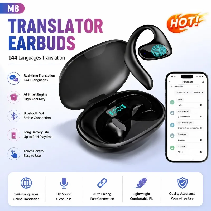 New AI BT Earphone Translation into 144 Languages Wireless Bluetooth Headphone Smart Voice Real Time Headset for Travel Work