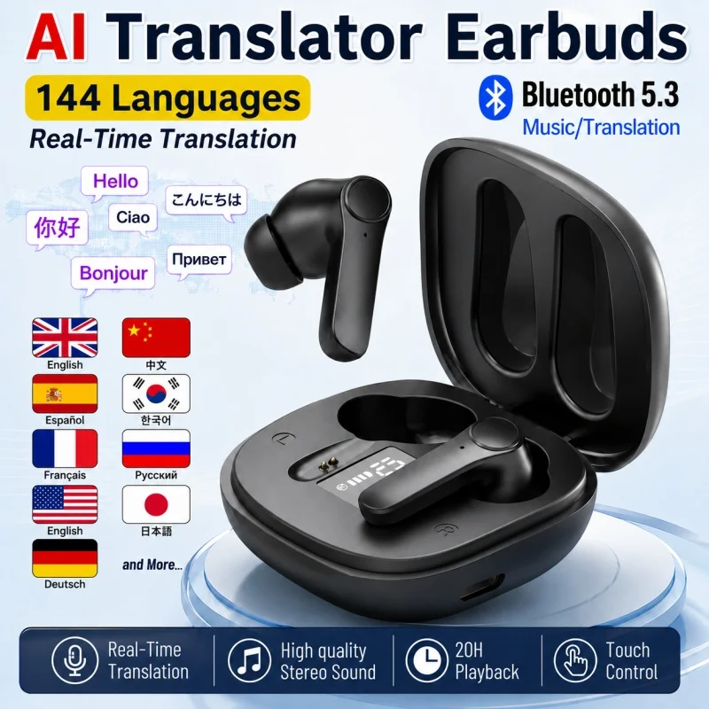 New AI BT Earphone Translation into 144 Languages Wireless Bluetooth Headphone Smart Voice Real Time Headset for Travel Work