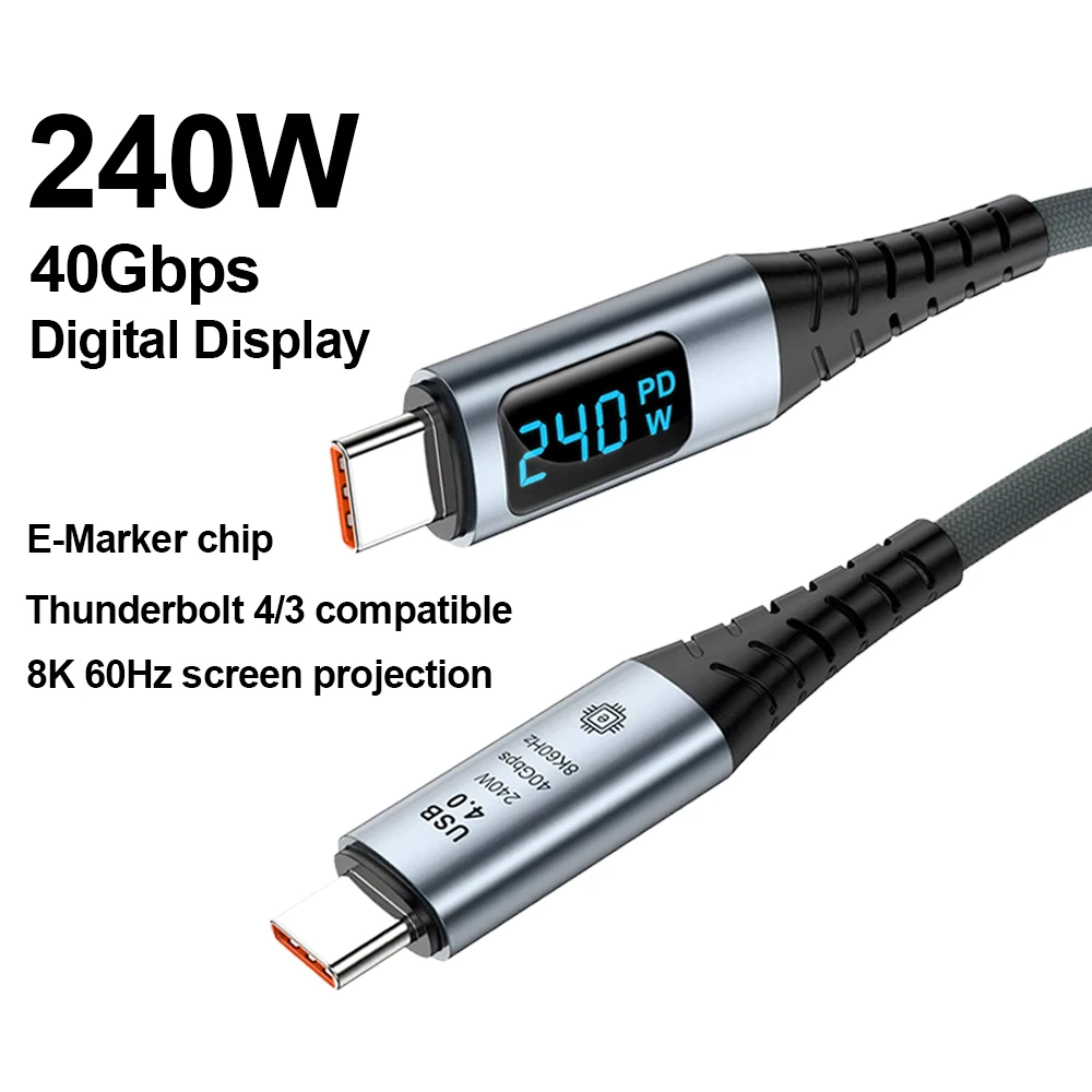 240W Digital Display USB4 Data Cable 40Gbps 8K 60Hz Type C Thunderbolt 4 Fast Charging Cable for iphone 15 16 17 laptop macbook