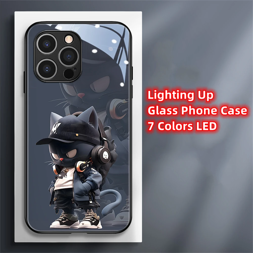 2026 Trend Cat Cartoon Design Smart LED Light Glow Tempered Glass Phone Case For iPhone Air 17 16 15 14 13 12 11 Pro Max Plus