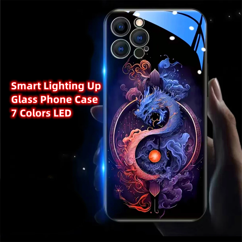 Dragon Totem Design Smart LED Light Glow Tempered Glass Phone Case For iPhone Air 17 16 E 15 14 13 12 11 Pro Max Plus SE2020