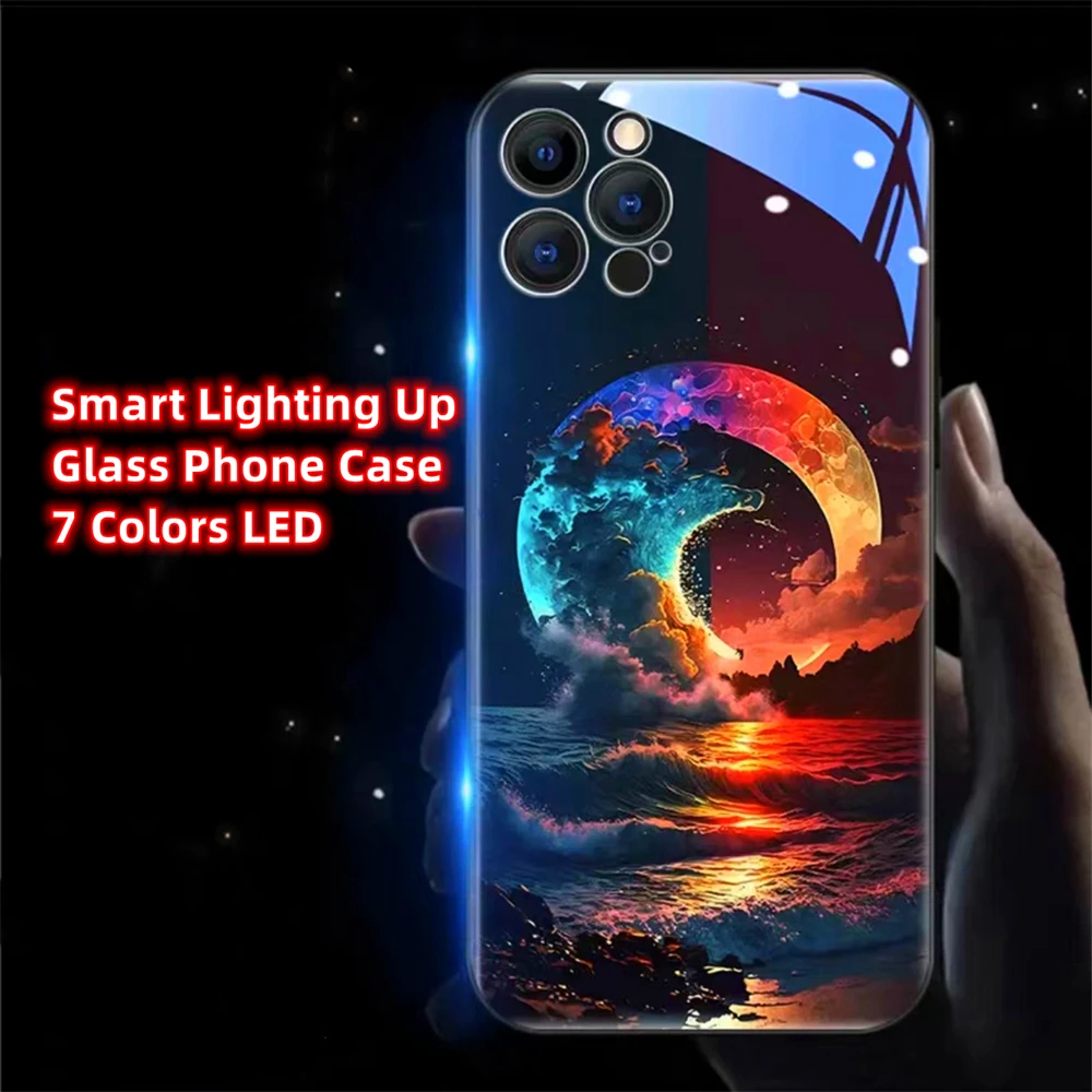 Pretty Moonlight Ocean Design Smart LED Light Glow Tempered Glass Phone Case For iPhone Air 17 16 15 14 13 12 11 Pro Max Plus